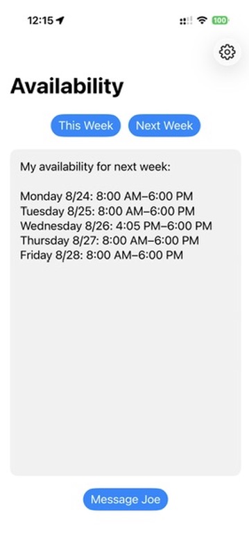 Availability app showing a reviewable list of open times for next week