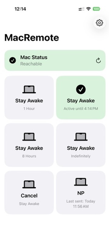 MacRemote app showing a reachable Mac, active Stay Awake status, and the last successful Weekly Visit Notes send